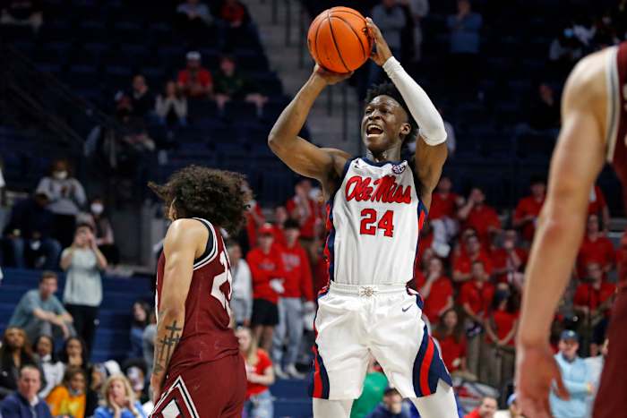 #24 Jarkel Joiner takes a jumper playing for Ole Miss last season